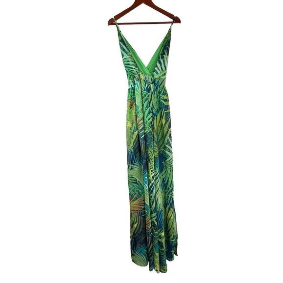 Revamped Tropical Leaf Print Maxi Dress Womens Large Coloful Chiffon Boho Glam - Picture 2 of 12